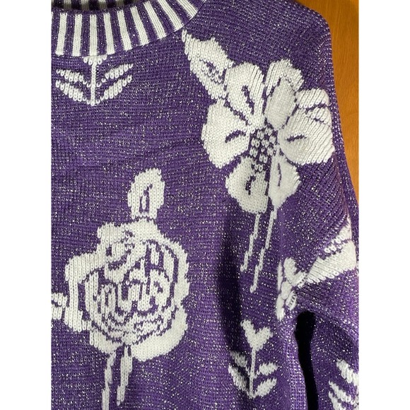 Vintage Glamour Knit Purple Silver Pullover Floral‎ Sweater Size 23x26 - Picture 4 of 9